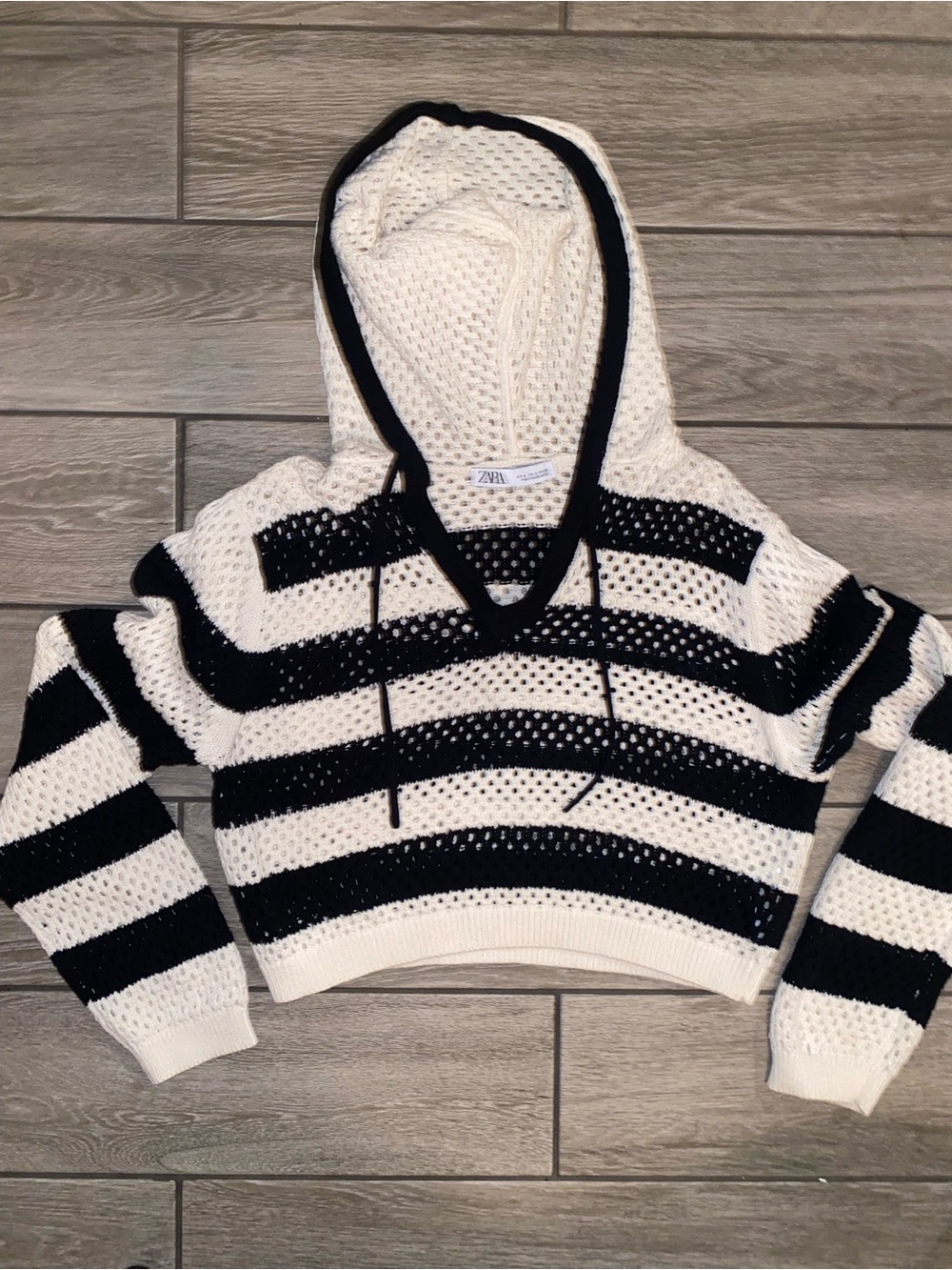 Zara Black & White Striped Hooded Cropped Knit